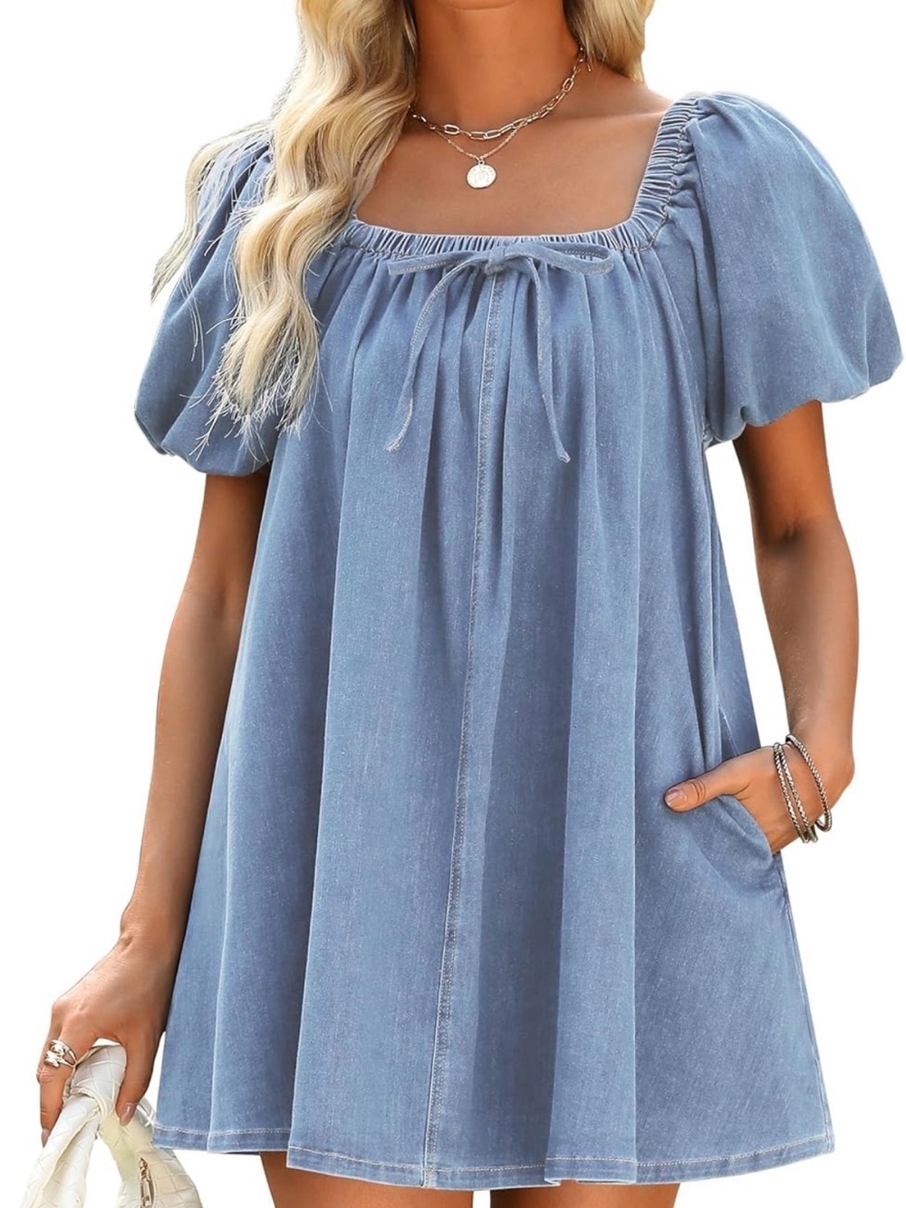 Light Blue Square Neck Denim Dress